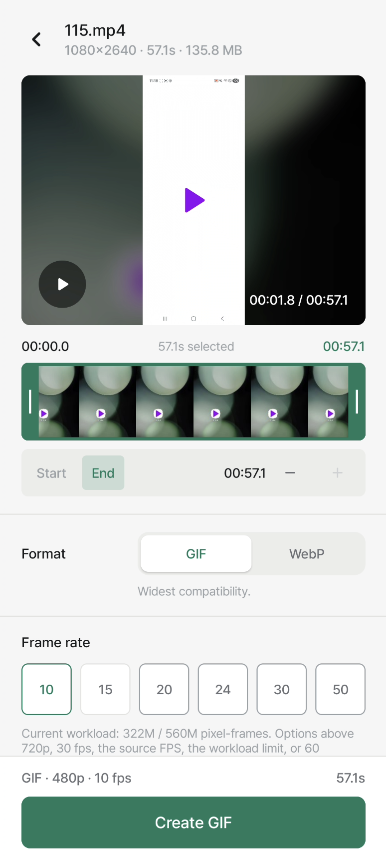 Framecut editor screen